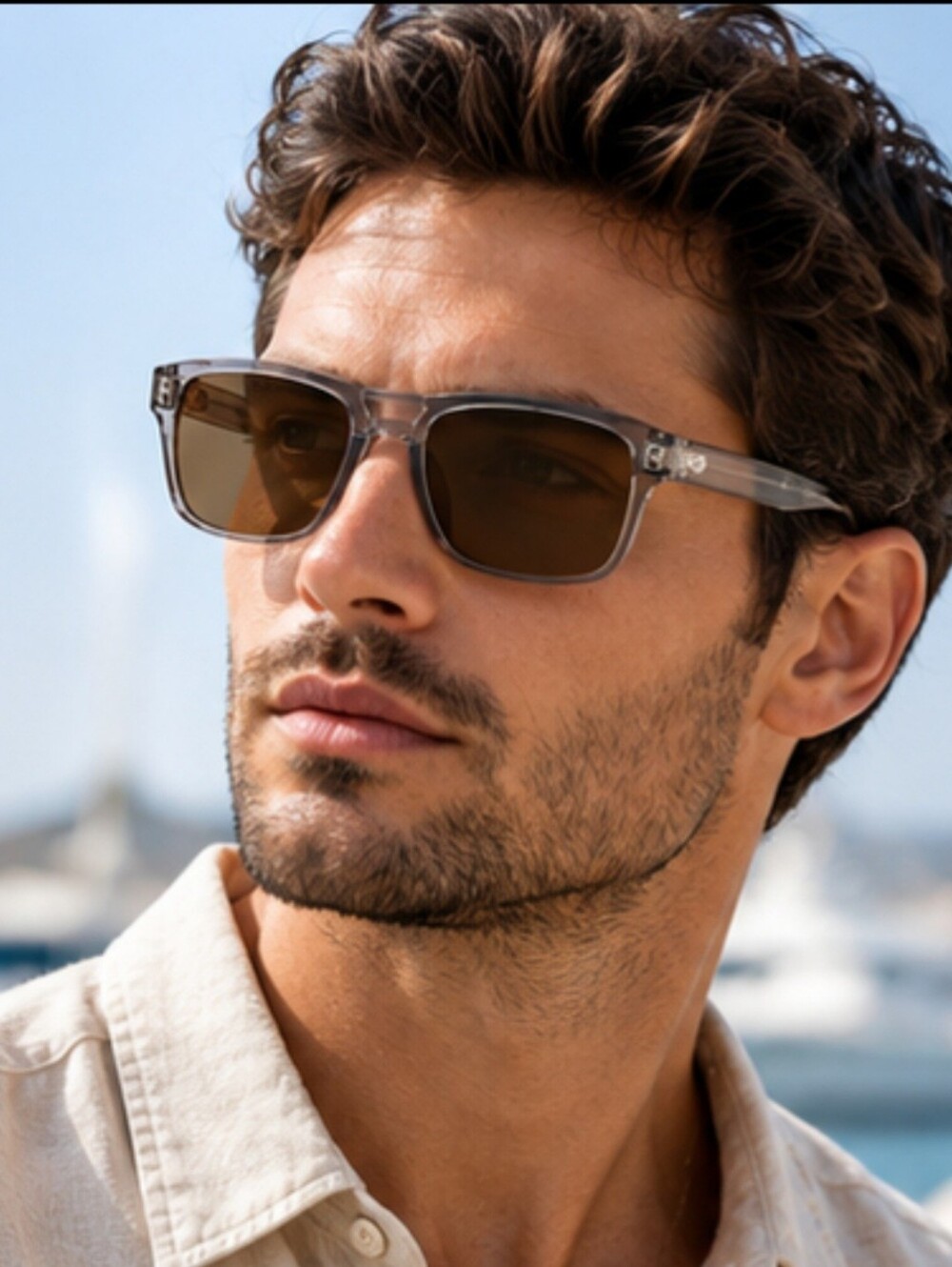 Unisex Transparent Gray Square Sunglasses with Brown Lenses